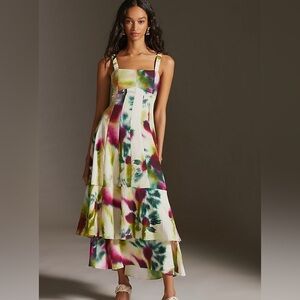 Anthropologie Tiered Green Motif Maxi Dress 14 NWT